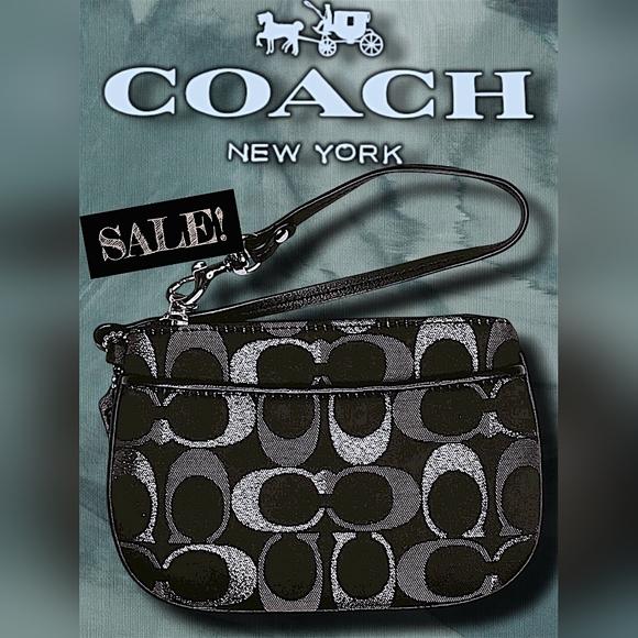 Coach Black w/ Stitched Metallic Silver C Print Wristlet Wallet Coin Zip Purse - Picture 1 of 13